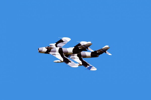 Myśliwiec odrzutowy MiG-17 latający na tle błękitnego nieba