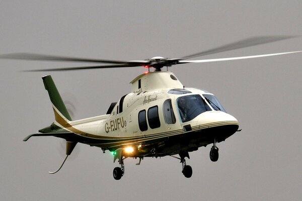 Achtsitziger Hubschrauber auf grauem Himmelshintergrund