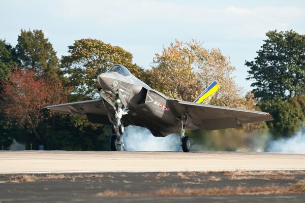 A large fighter jet lands with smoke