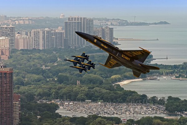 Showing Blue Angels fighter jets over Chicago