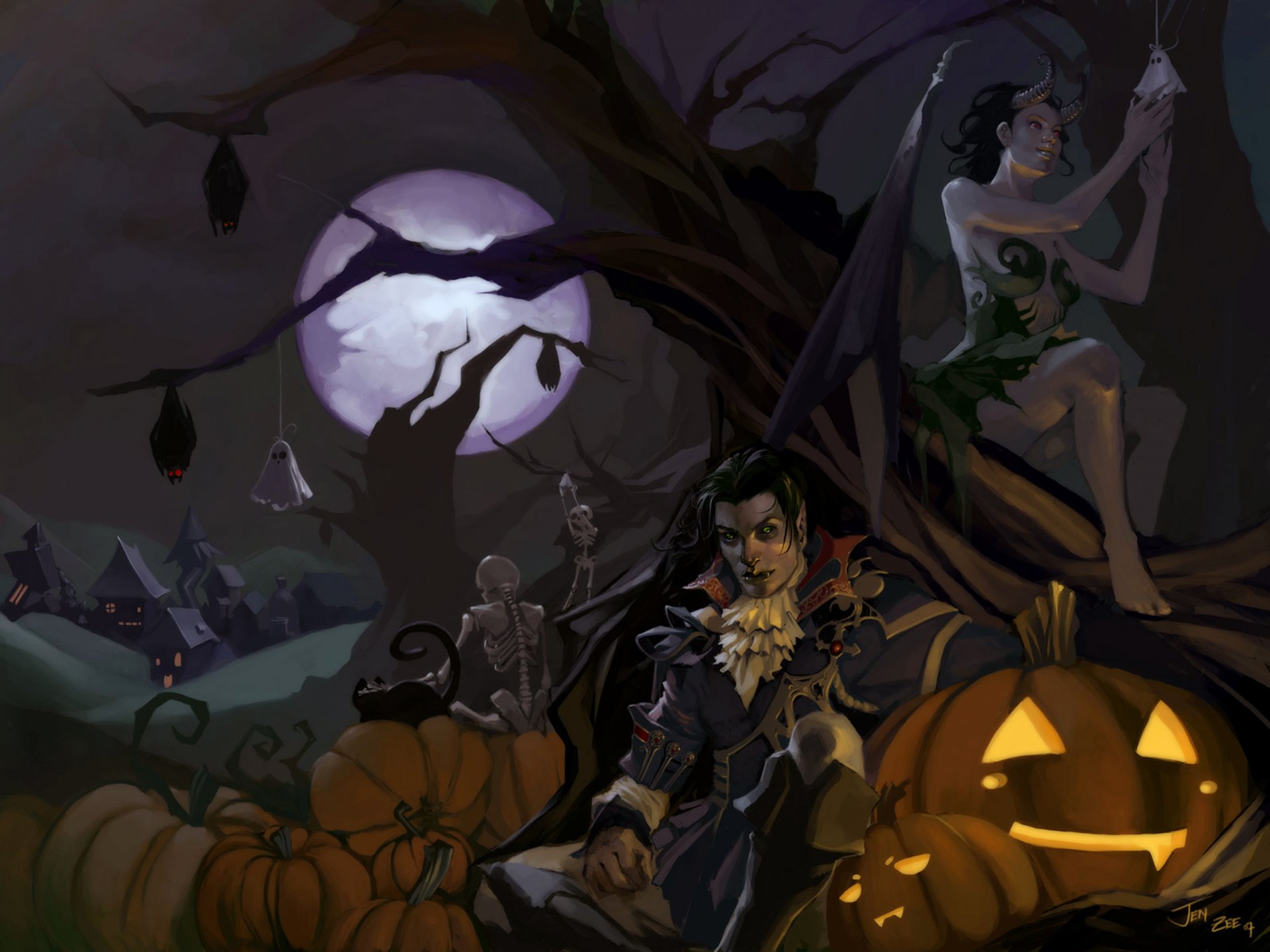 art halloween vampire demon demoness skeletons night tree pumpkin moon cat bats village