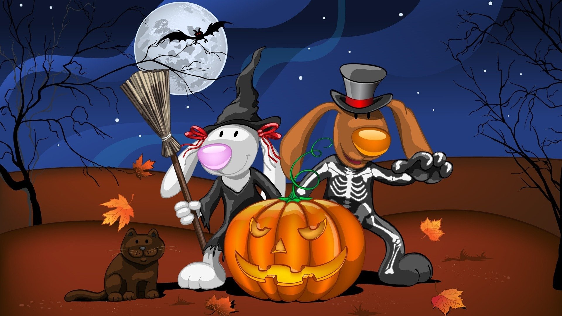 arte halloween costumi strega scheletro zucca pipistrello notte albero gatto foglie luna bestie