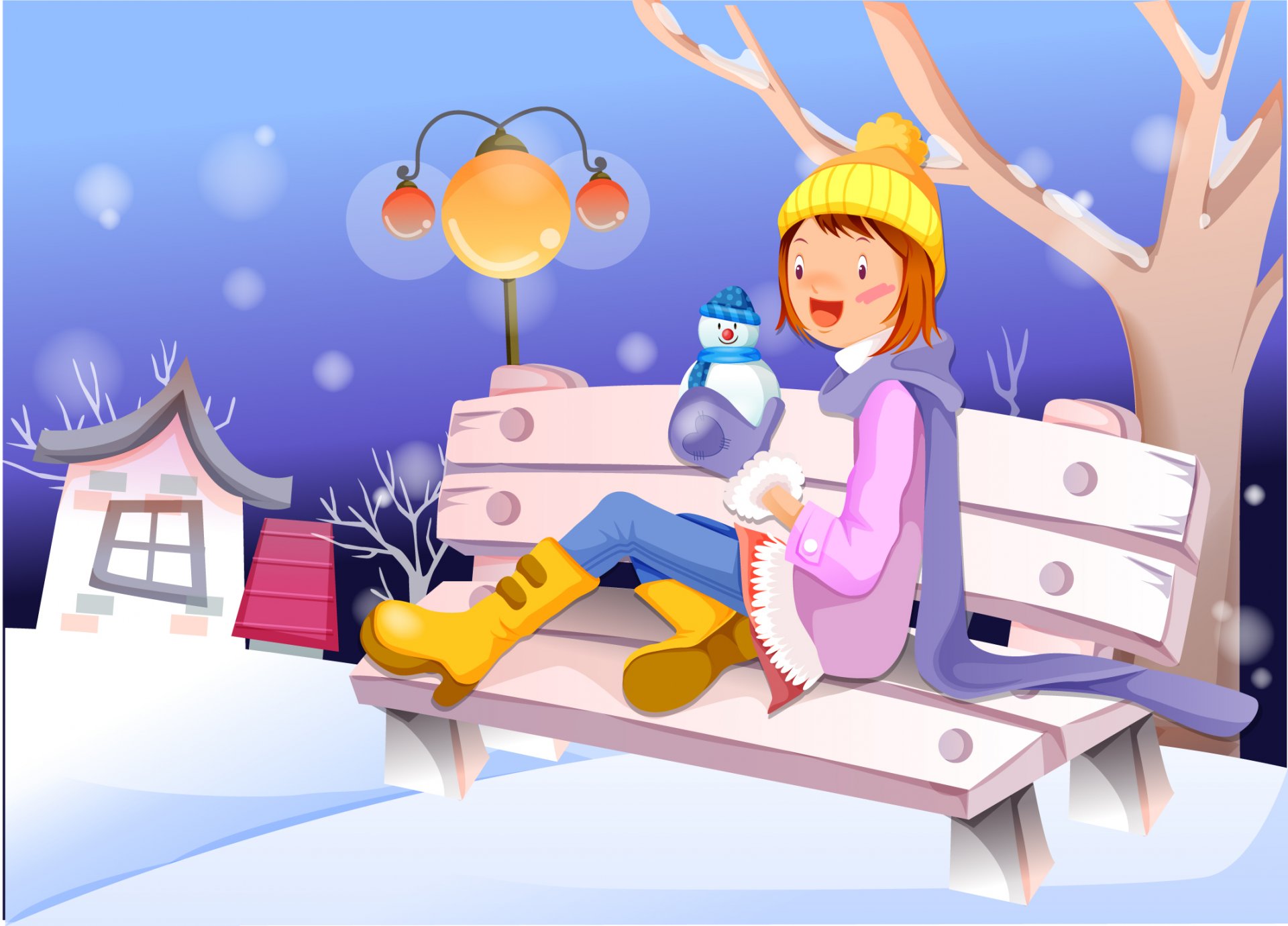 graphics girl winter bench tree house snowman light