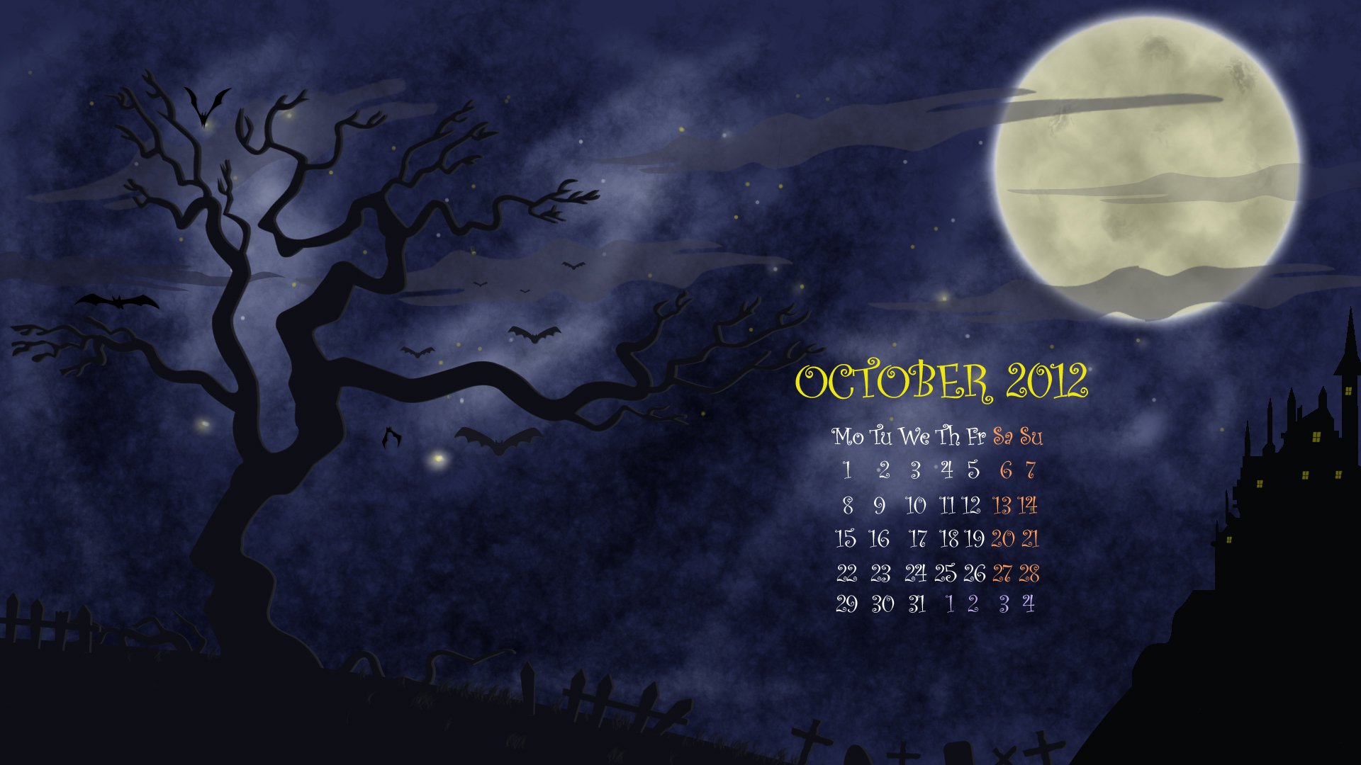 helloween halloween oktober kalender monat zahlen nacht mond friedhof baum zeichnung vektor