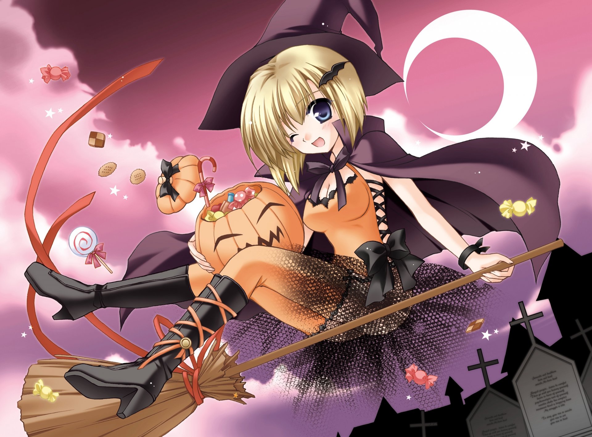 art minase lin halloween girl witch broom pumpkin sweets candy belt stars moon wink cemetery cro