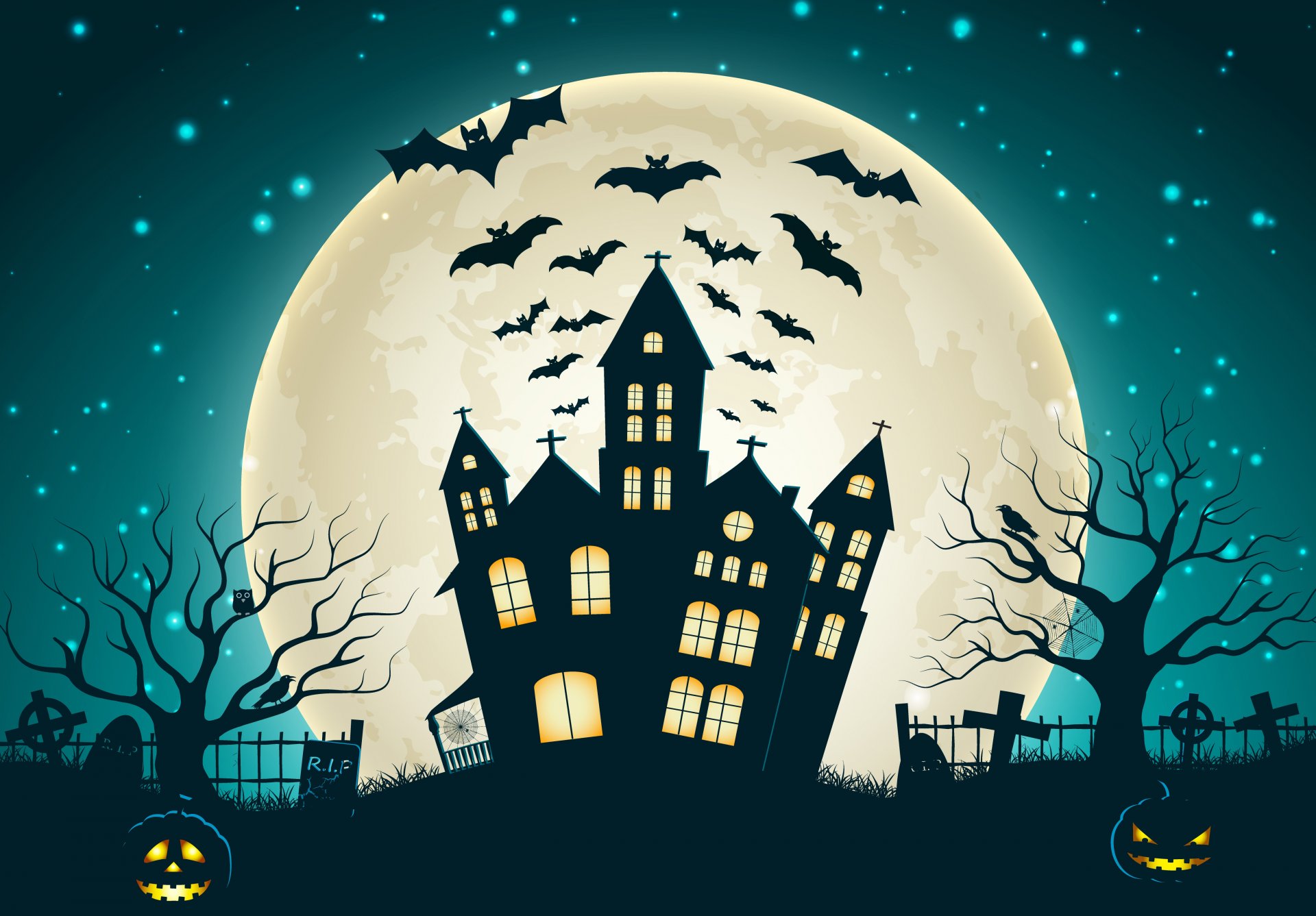 vacaciones de halloween casa de miedo horror espeluznante luna llena castillo árboles murciélago vector mal calabazas cementerio casas de miedo espeluznante mal calabazas