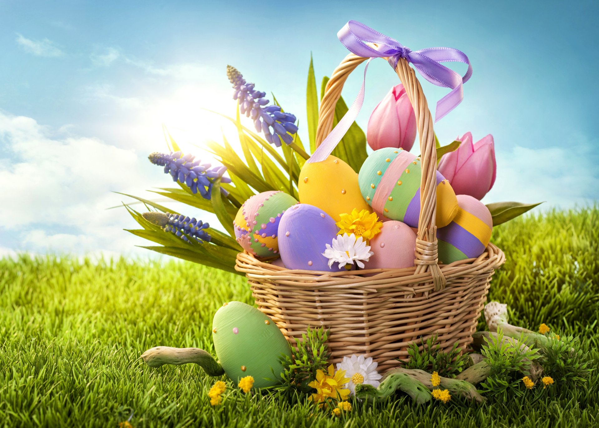 ostern eier ostern korb bogen gras urlaub blumen frühling