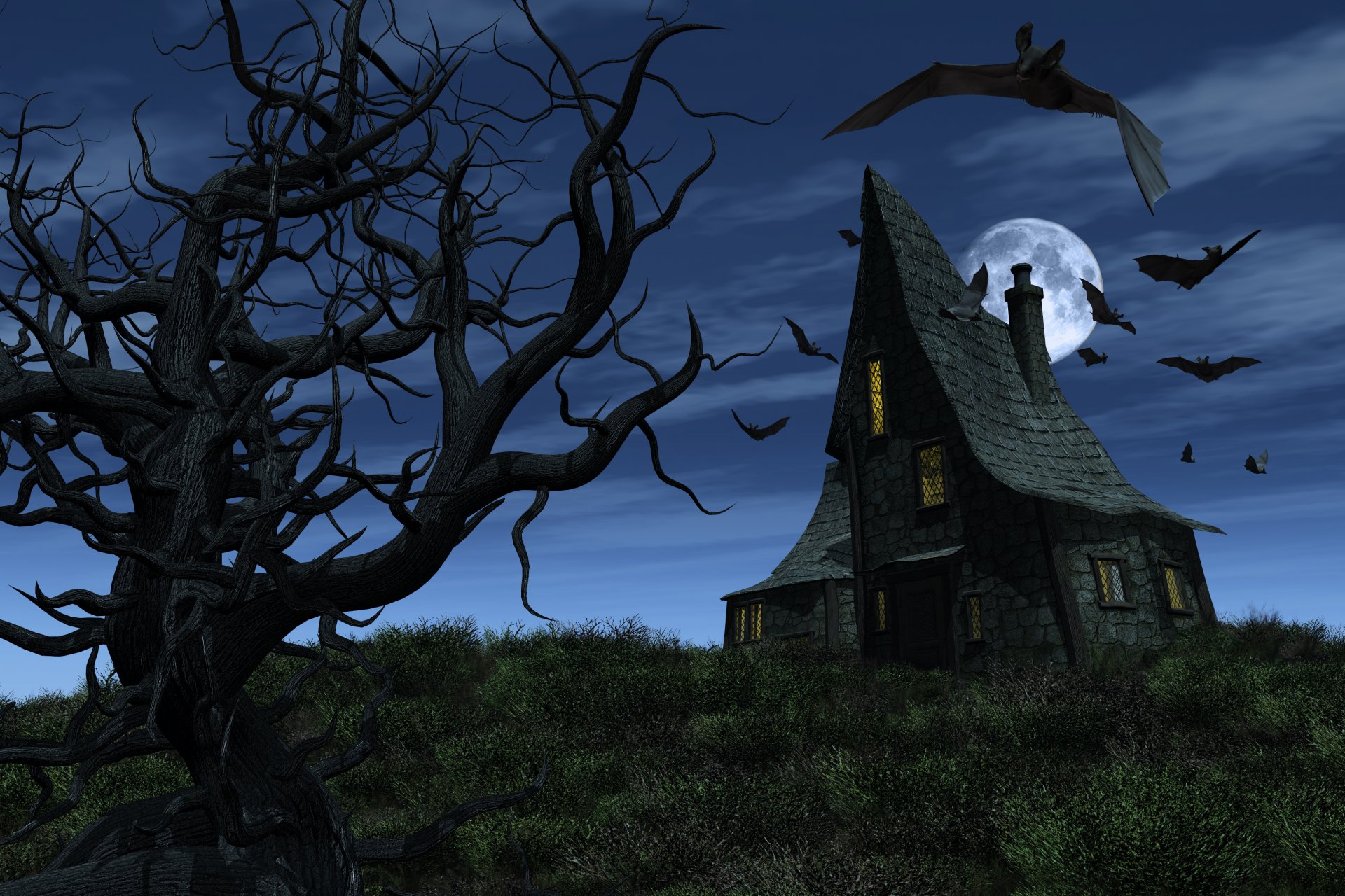 halloween effrayant maison hantée chauves-souris pleine lune arbre effrayant arbre effrayant