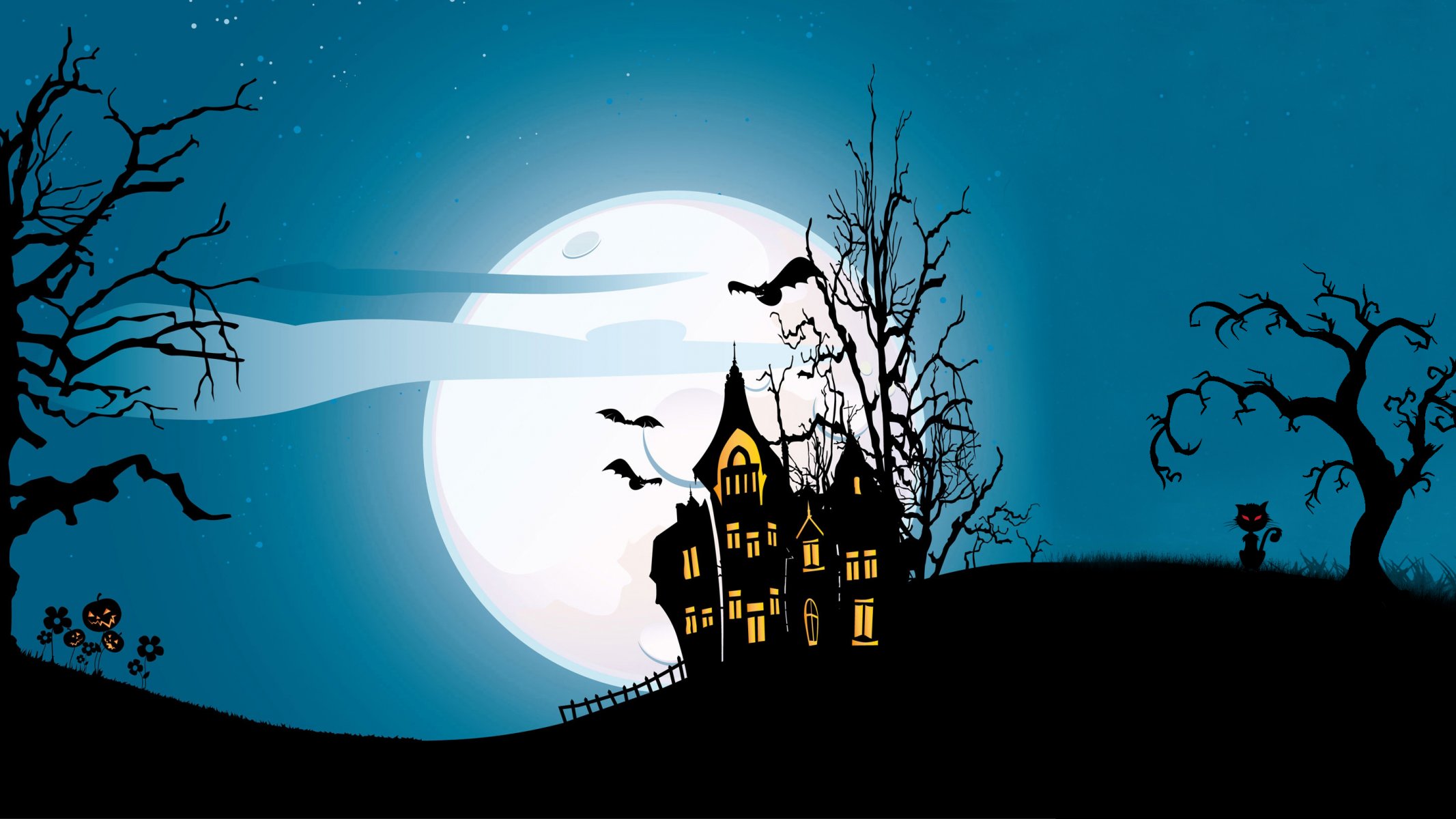 vacances d halloween maison effrayante horreur fantasmagorique pleine lune château arbres chauve-souris vecteur citrouille mal spooky chat minuit maison effrayante fantasmagorique citrouille mal fantôme chat