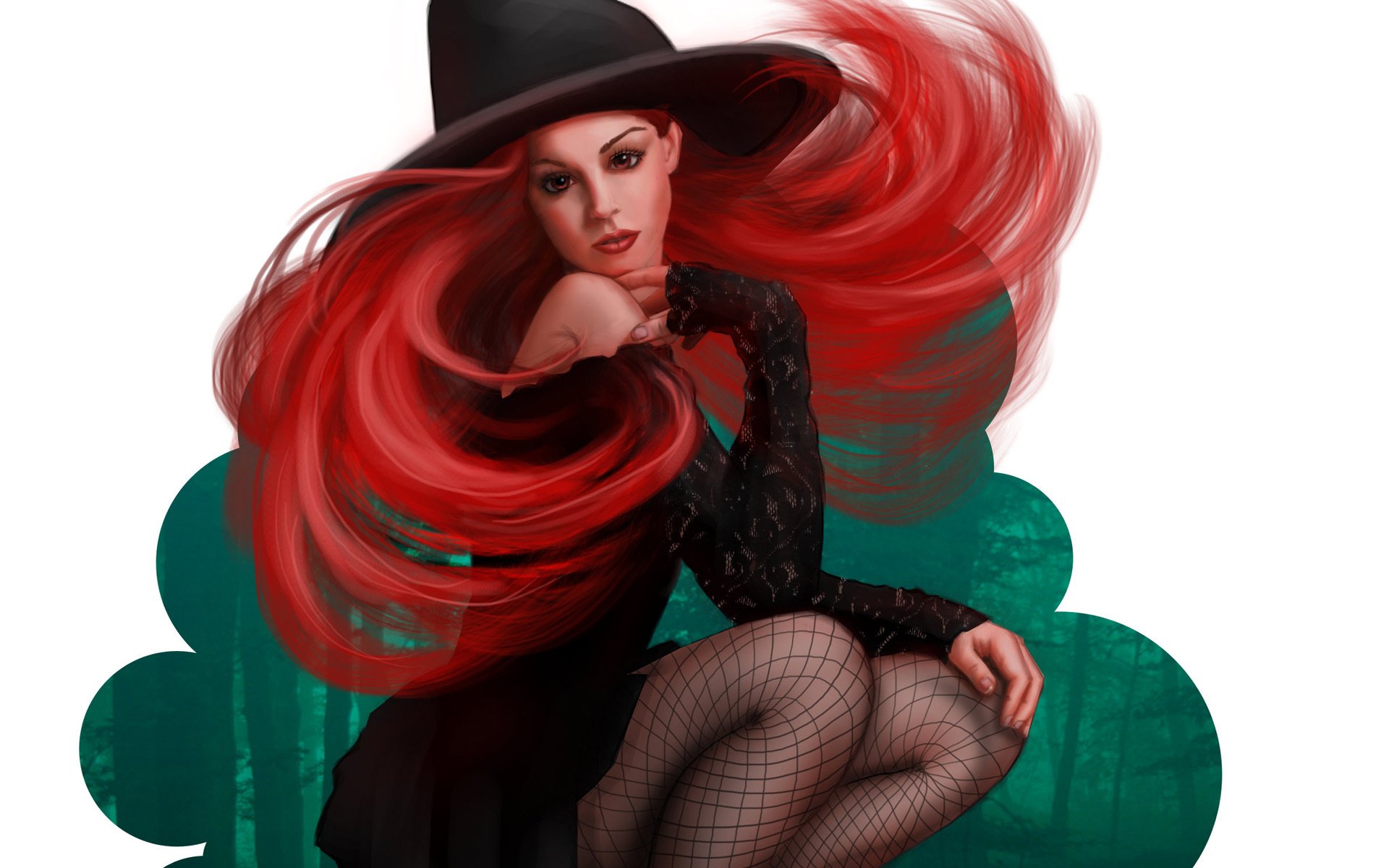 arte halloween chica bruja sombrero pelirroja