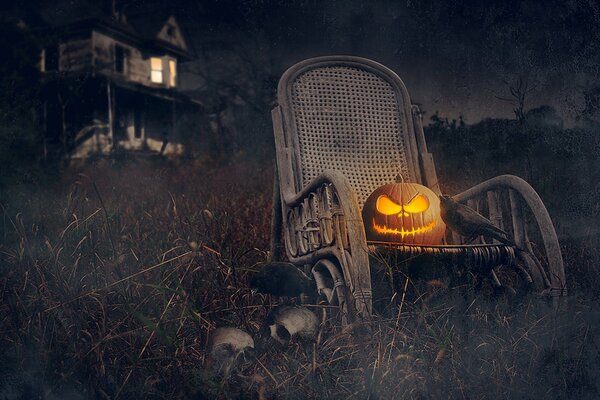 Décoration de la maison avec des citrouilles et des crânes pour Halloween