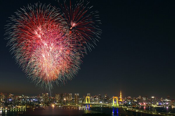 Colorful fireworks over the night city of Japan