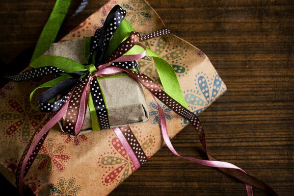 Gift parcels tied with colored ribbons