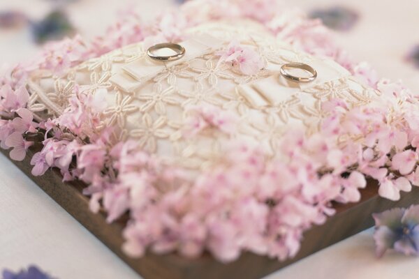 Two wedding rings on a pink cushion of flowers
