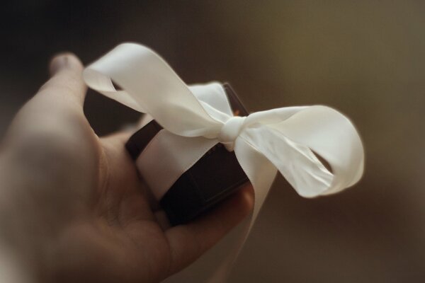 White bow in hand for a gift