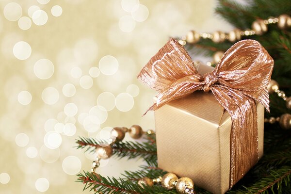 Gift wrapped and with a golden bow on a fir branch