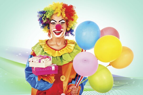 Funny clown with gifts and balloons