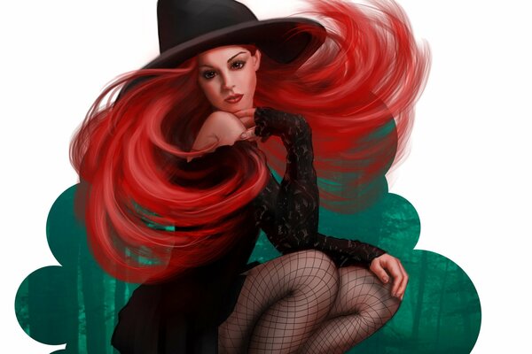 A girl with red hair in the image of a witch