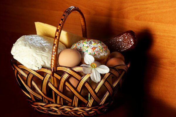 Koszyk wielkanocny z ciastami i jajkami
