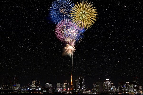 Colorful fireworks in the starry sky of Tokyo