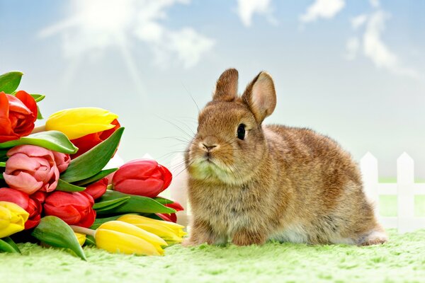 Grey rabbit and a bouquet of tulips