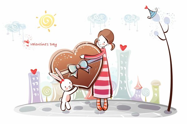 Рисунок. Девочка и кролик с печеньем в форме сердца. Валентинка