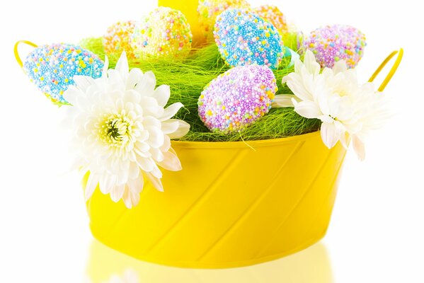 Chicken in Easter eggs and flowers