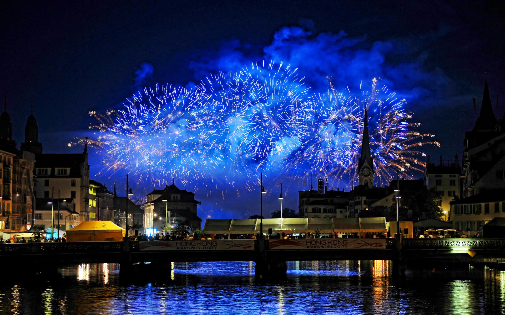 town bridge river salute lights night