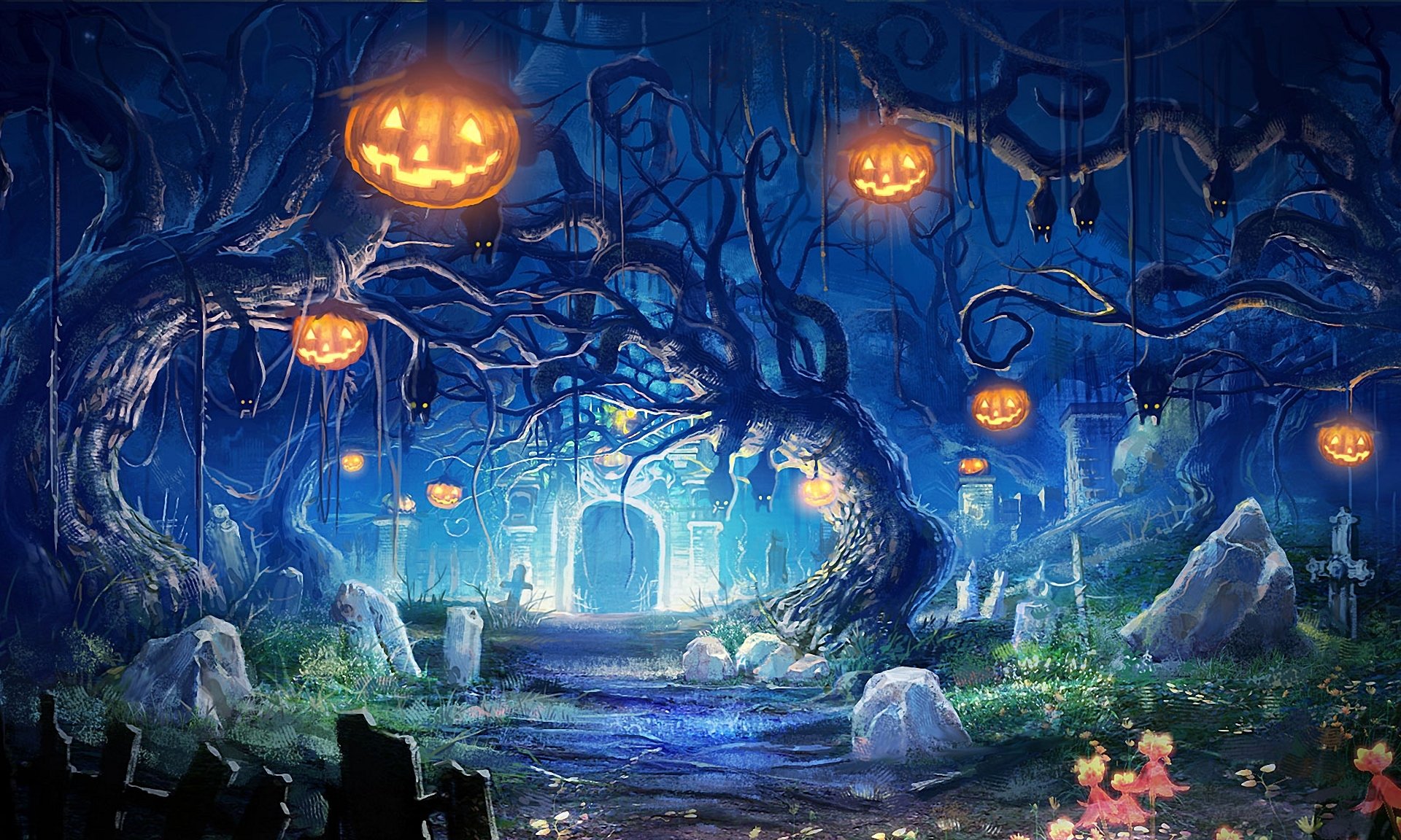 helloween arte zucche cimitero pipistrelli notte luci tombe cripta pietre alberi