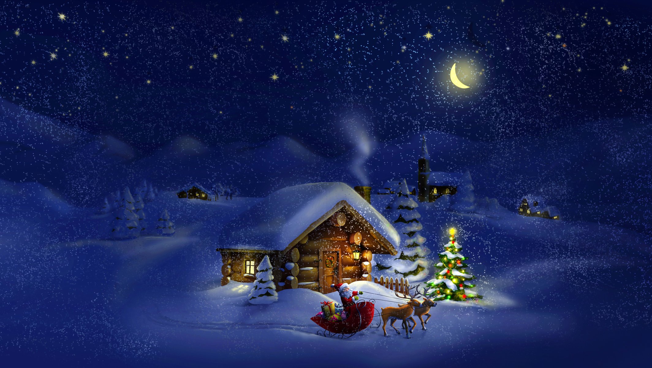 año nuevo santa claus santa claus renos casas invierno nieve árboles de navidad luna estrellas