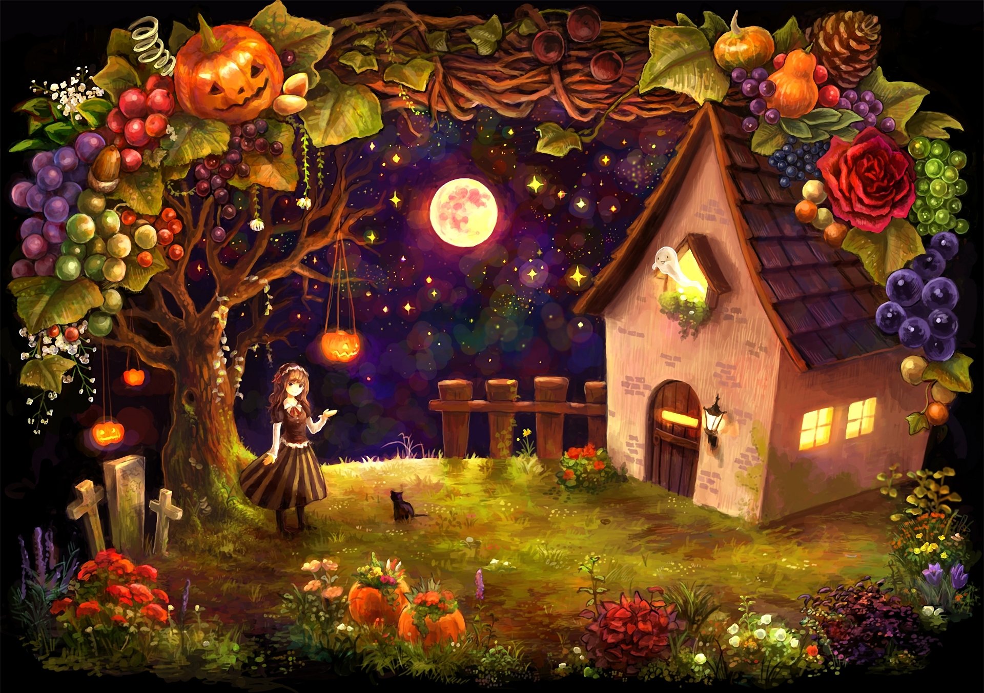 niña casa cabaña halloween calabazas cruces cosecha frutas verduras luna estrellas noche fantasma gato gato