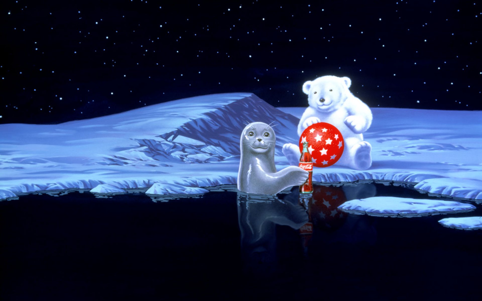 polar bear seal ball red coca-cola snow water stars coca-cola vacation new year polar bear print winter