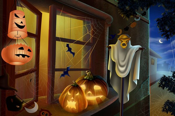 Nachtfenster für Halloween dekoriert