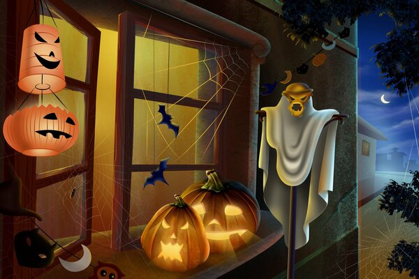 Ночное окно, украшенное к Хэллоуину