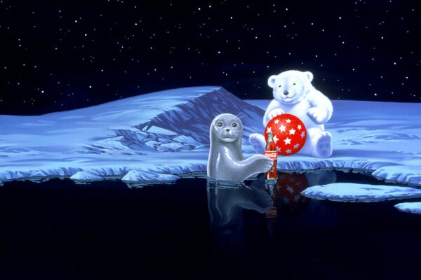 Friendship of a seal and a polar bear at night