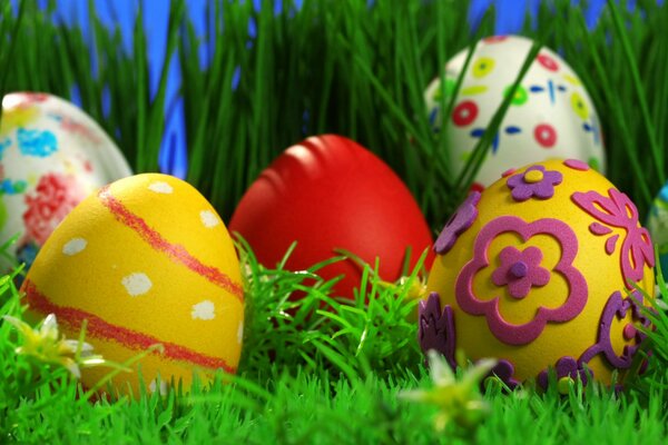 Beautiful Easter eggs in the grass