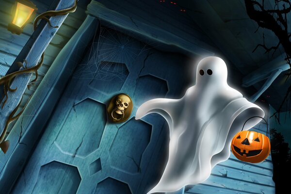 A white ghost with a pumpkin lantern