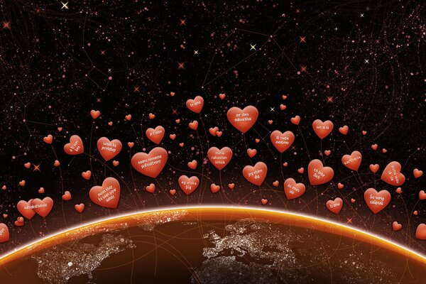 Red Hearts in the universe above the earth in the black sky