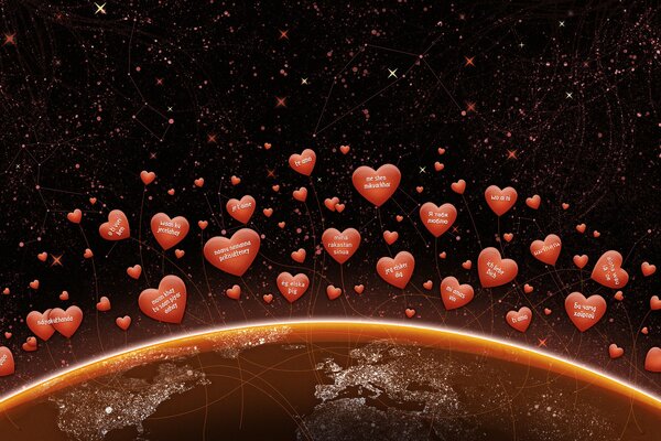 Corazones rojos en el universo sobre la tierra en el cielo negro