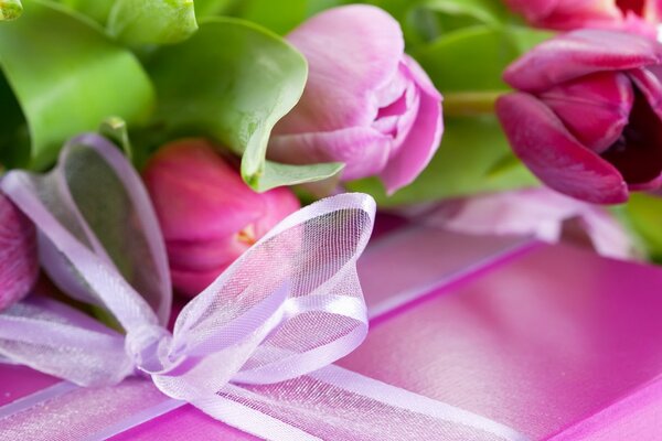 Caja rosa y tulipanes rosados