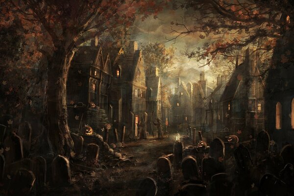 A gloomy village in autumn in the forest with graves