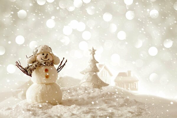 Paysage d hiver avec bonhomme de neige et arbre de Noël