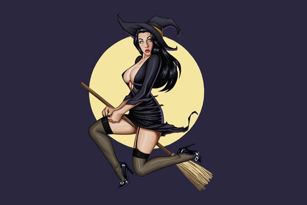 Cute witch on the background of the moon