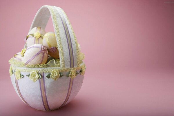 Painted eggs in a basket for Easter