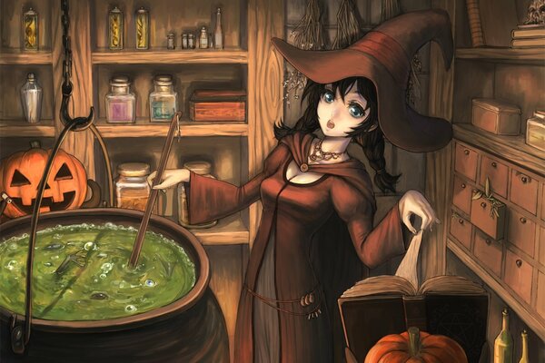 The witch girl is brewing a potion