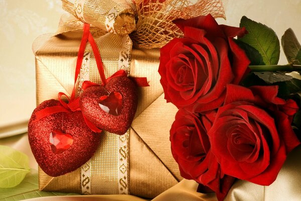 Romantyczny dzień zakochanych z prezentem i różami