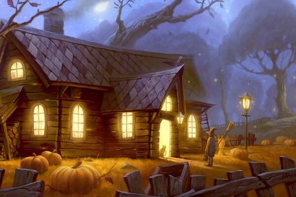 Piękny dom czarownic z dyniami