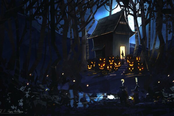 Casa en el fondo de la Luna para la fiesta de Halloween