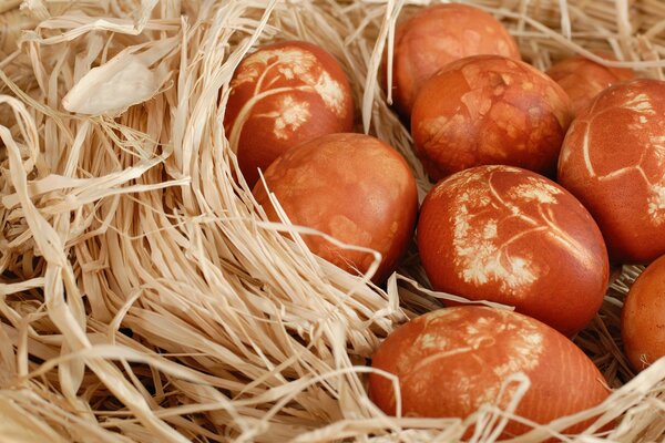 Huevos de Pascua pintados en un fondo de aserrín