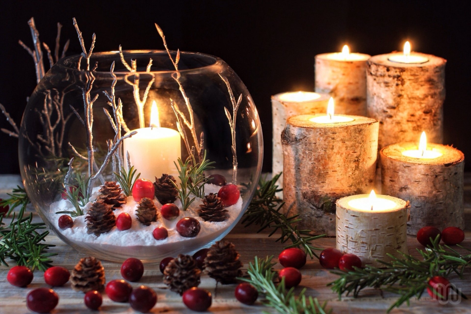 candles composition cranberries cone branche